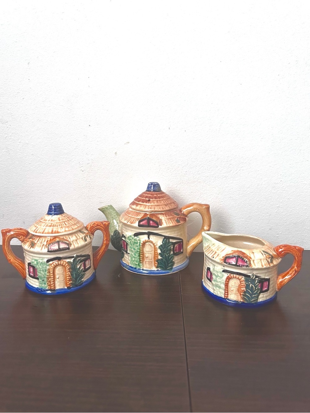 Vintage Ceramic Cottage Teapot, Sugar Bowl and Cream Set Hand Painted Japan
